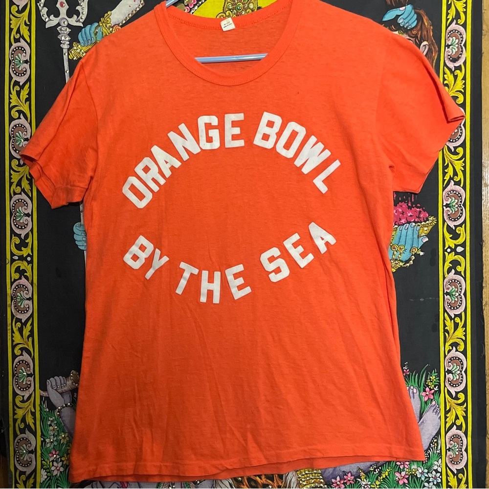 Vintage OOAK Orange with white fuzzy letters shirt : ”Orange Bowl By The Sea”